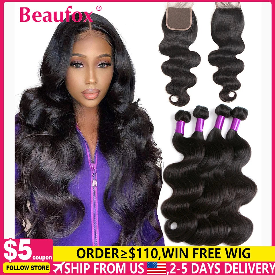Beaufox Bundles Body Wave avec fermeture Bundles brésiliens 3 ou 4 avec fermeture Bundles de cheveux naturels humains avec fermeture