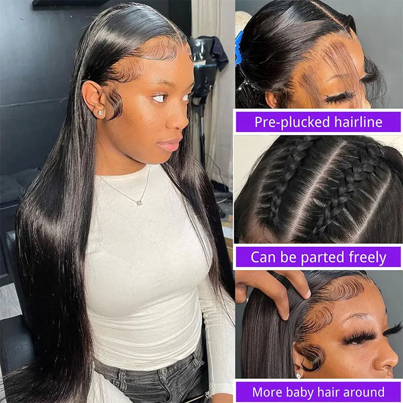 100 % cheveux humains malaisiens 13x6 Perruques indétectables lisses en cheveux humains de 30 pouces avec dentelle frontale 13x4 pour femmes, pré-épilées