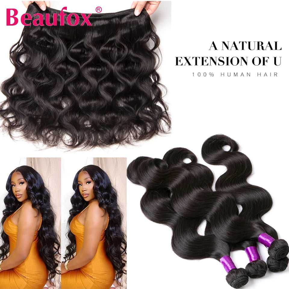 Beaufox Bundles Body Wave avec fermeture Bundles brésiliens 3 ou 4 avec fermeture Bundles de cheveux naturels humains avec fermeture