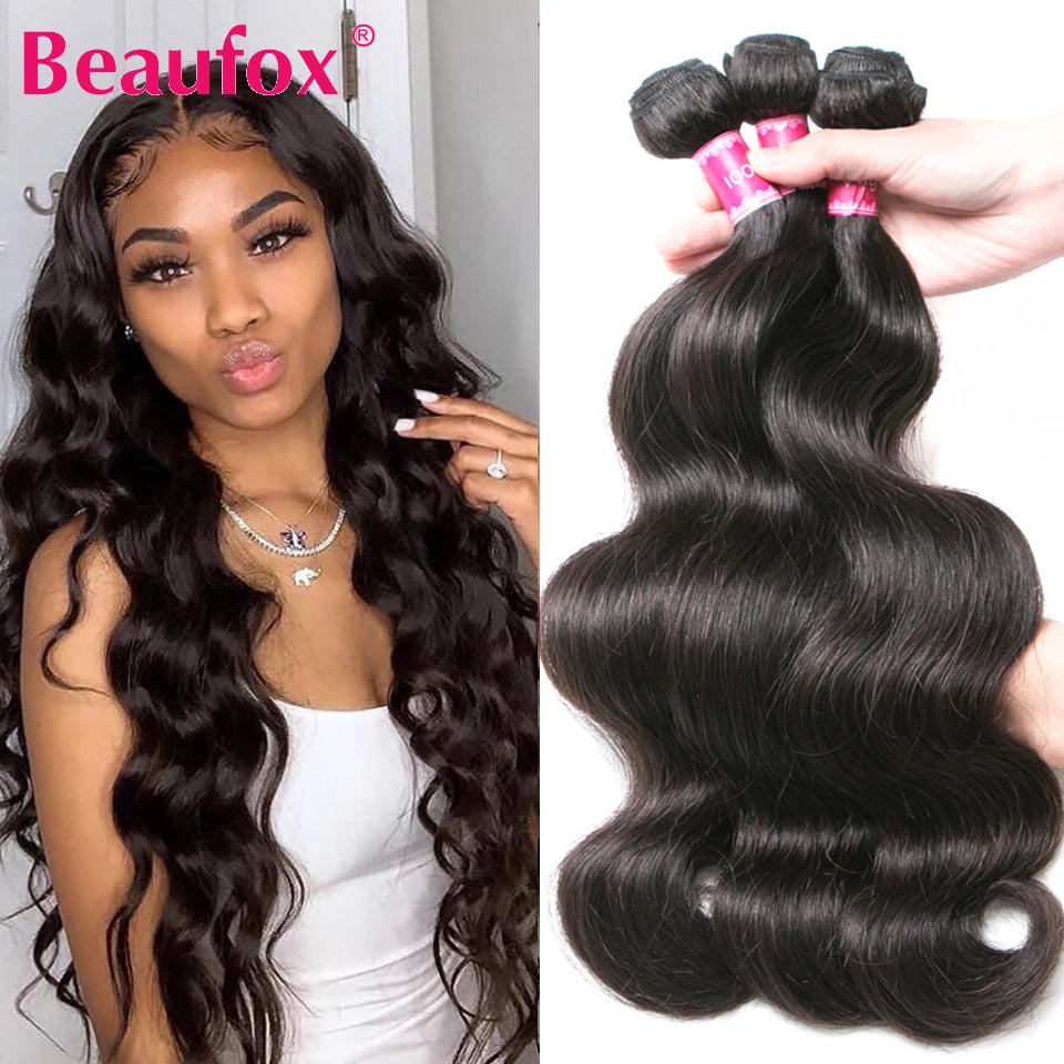 Beaufox Body Wave Bundles Brazilian Hair Weave Bundles 1/3/4 PCS Human Hair Bundles Natural /Jet Black 8-30"Remy Hair Extensions Erobaa
