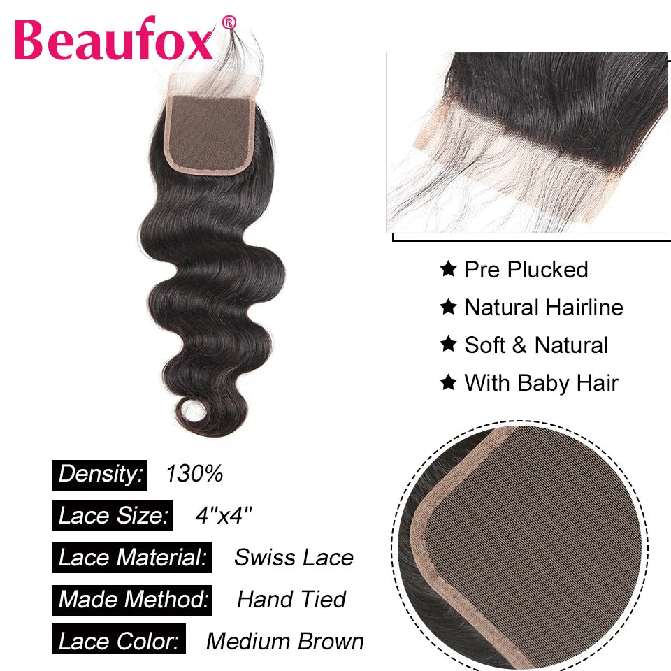Beaufox Bundles Body Wave avec fermeture Bundles brésiliens 3 ou 4 avec fermeture Bundles de cheveux naturels humains avec fermeture