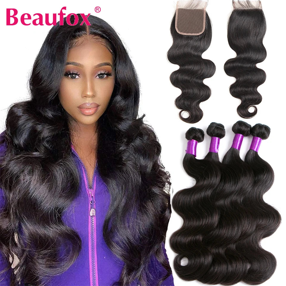 Beaufox Bundles Body Wave avec fermeture Bundles brésiliens 3 ou 4 avec fermeture Bundles de cheveux naturels humains avec fermeture