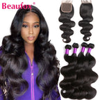 Beaufox Bundles Body Wave avec fermeture Bundles brésiliens 3 ou 4 avec fermeture Bundles de cheveux naturels humains avec fermeture
