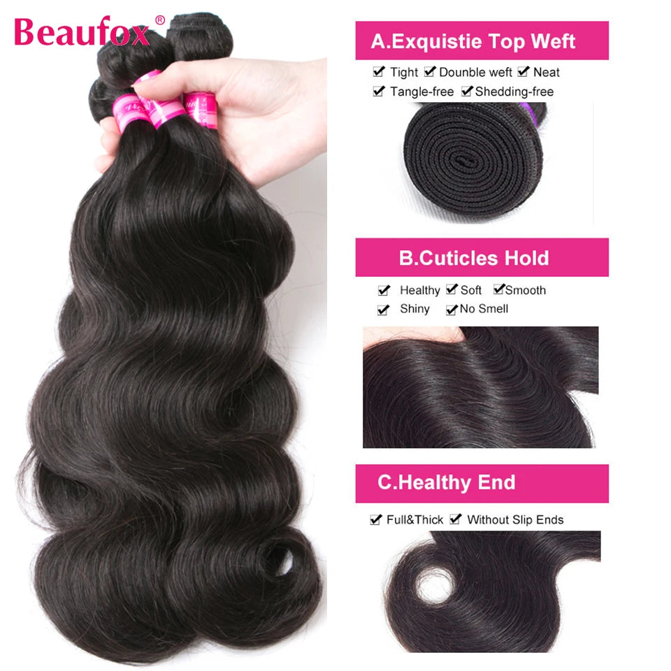 Beaufox Body Wave Bundles Brazilian Hair Weave Bundles 1/3/4 PCS Human Hair Bundles Natural /Jet Black 8-30"Remy Hair Extensions Erobaa