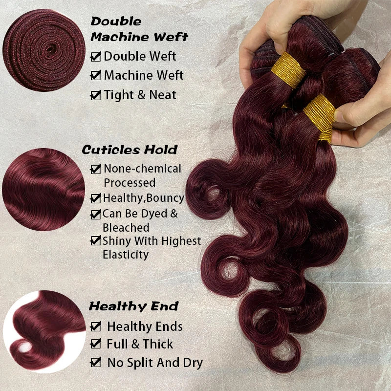 99j Burgundy Body Wave Bundles 3 4 Bundle Colored Wine Red 100% Unprocessed Human Hair Bundles 16A Raw Hair Bundles Extensions Erobaa
