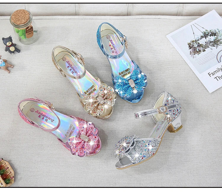 Children Princess Sandals Kids Girls Wedding Shoes High Heels Dress Shoes Bowtie Purple Pink Blue Silver Shoes For Girls