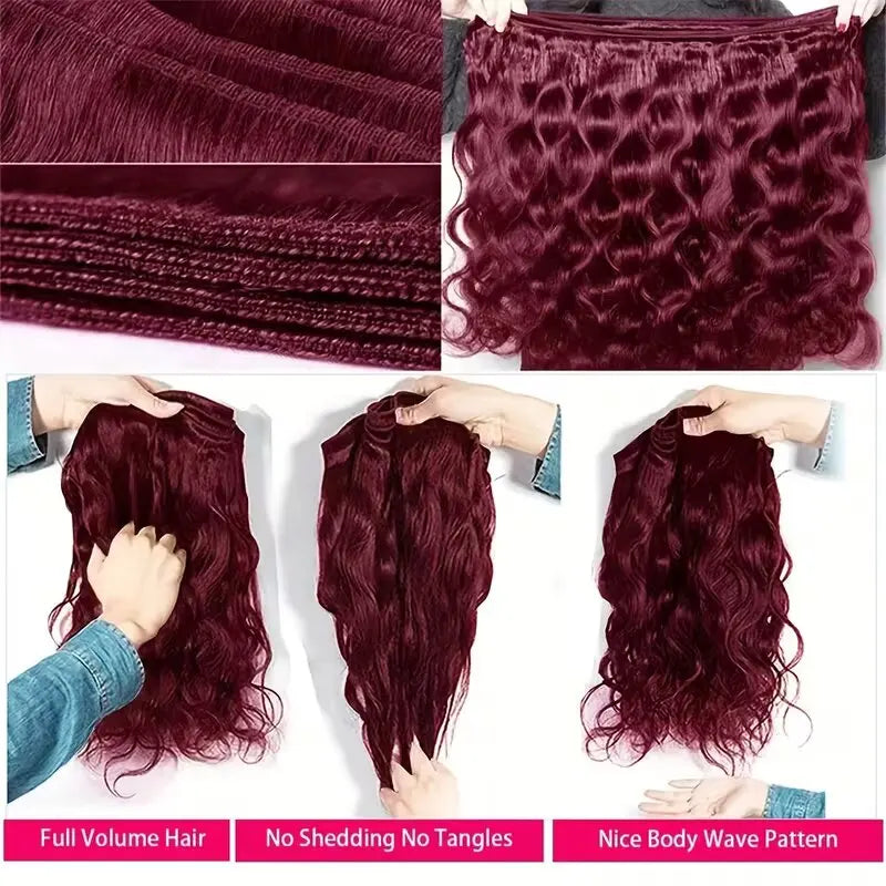 99j Burgundy Body Wave Bundles 3 4 Bundle Colored Wine Red 100% Unprocessed Human Hair Bundles 16A Raw Hair Bundles Extensions Erobaa