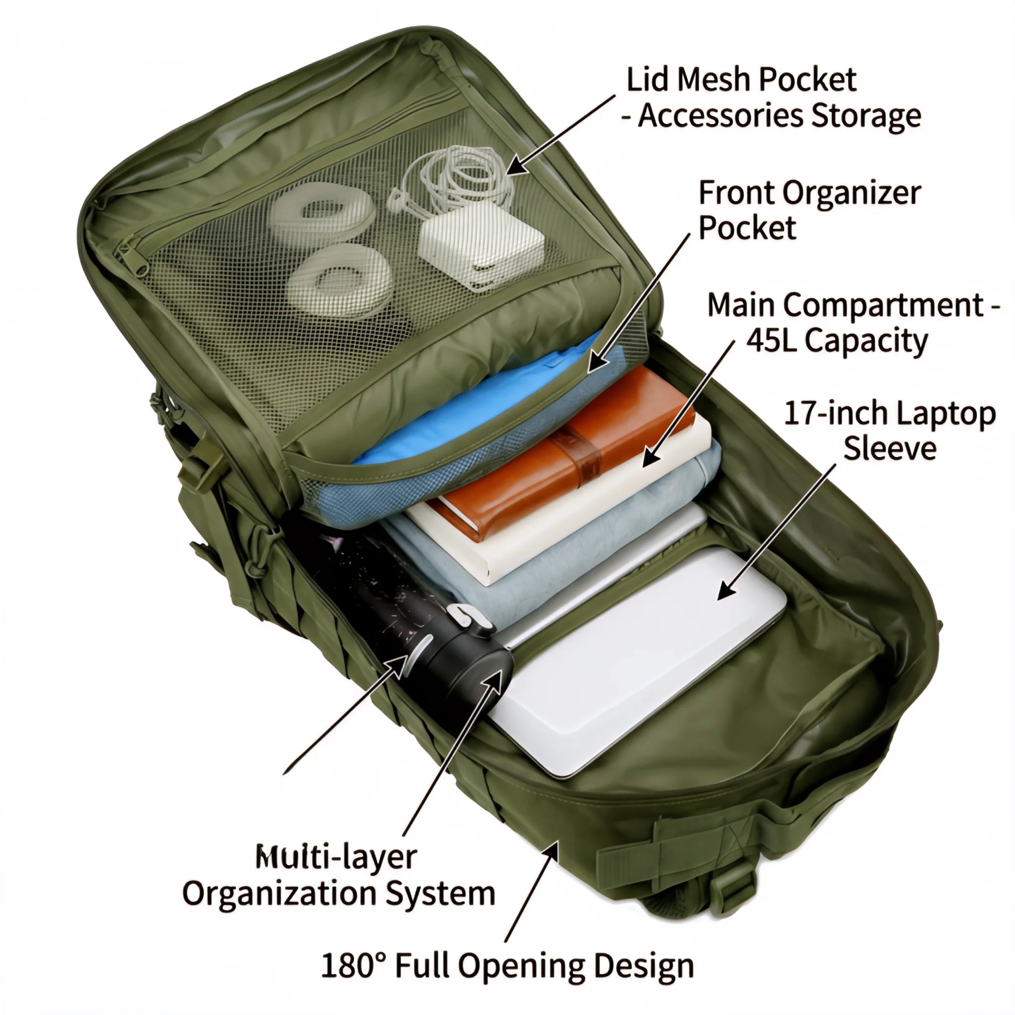 45L Tactical Travel Backpack Molle Large Capacity Multi Pocket Storage Bag Durable Wear Resistant Camping Hiking Trekking Bushcraft Daypack Heavy Duty Rucksack For Men Women Business Trips Mountain Climbing Daily Commute Lugg Erobaa