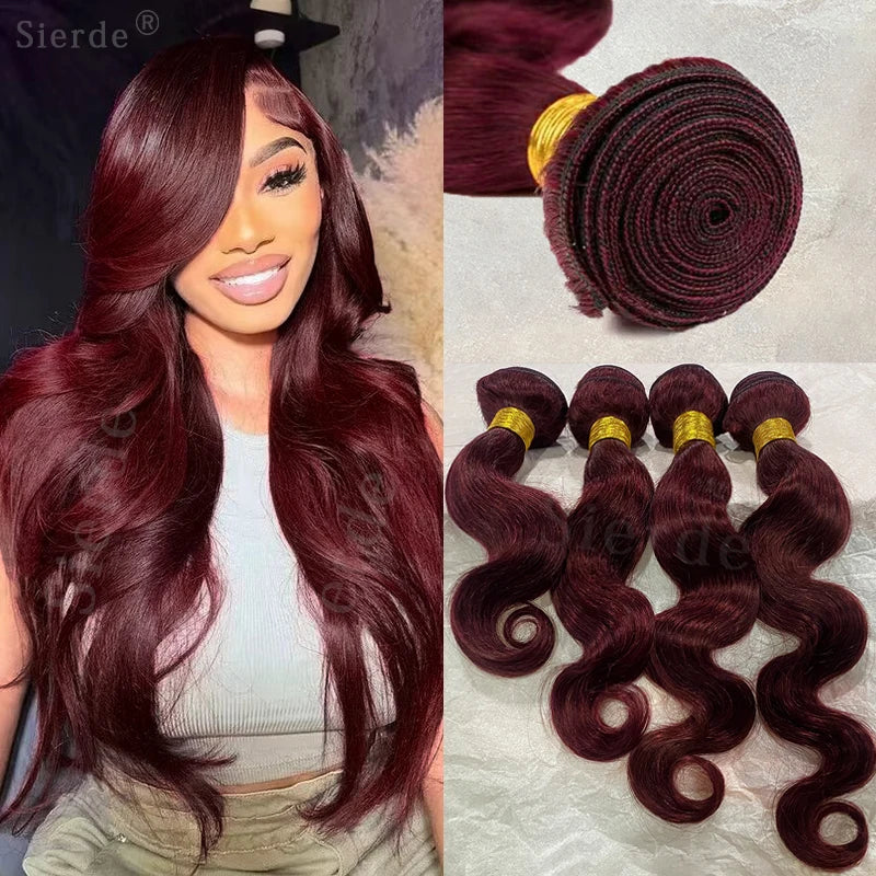99j Burgundy Body Wave Bundles 3 4 Bundle Colored Wine Red 100% Unprocessed Human Hair Bundles 16A Raw Hair Bundles Extensions Erobaa