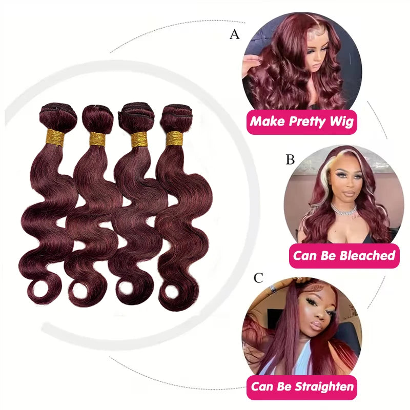 99j Burgundy Body Wave Bundles 3 4 Bundle Colored Wine Red 100% Unprocessed Human Hair Bundles 16A Raw Hair Bundles Extensions Erobaa