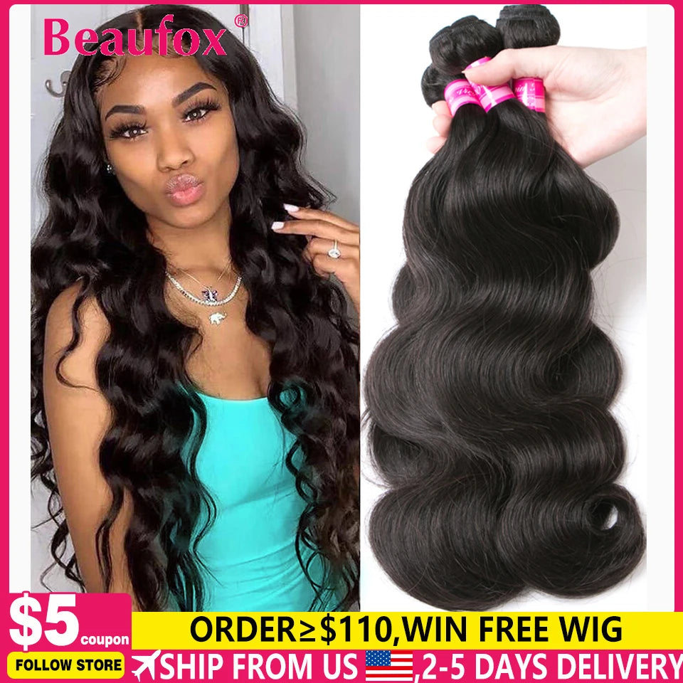 Beaufox Body Wave Bundles Brazilian Hair Weave Bundles 1/3/4 PCS Human Hair Bundles Natural /Jet Black 8-30"Remy Hair Extensions Erobaa