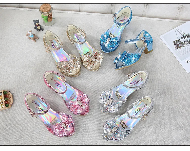 Children Princess Sandals Kids Girls Wedding Shoes High Heels Dress Shoes Bowtie Purple Pink Blue Silver Shoes For Girls