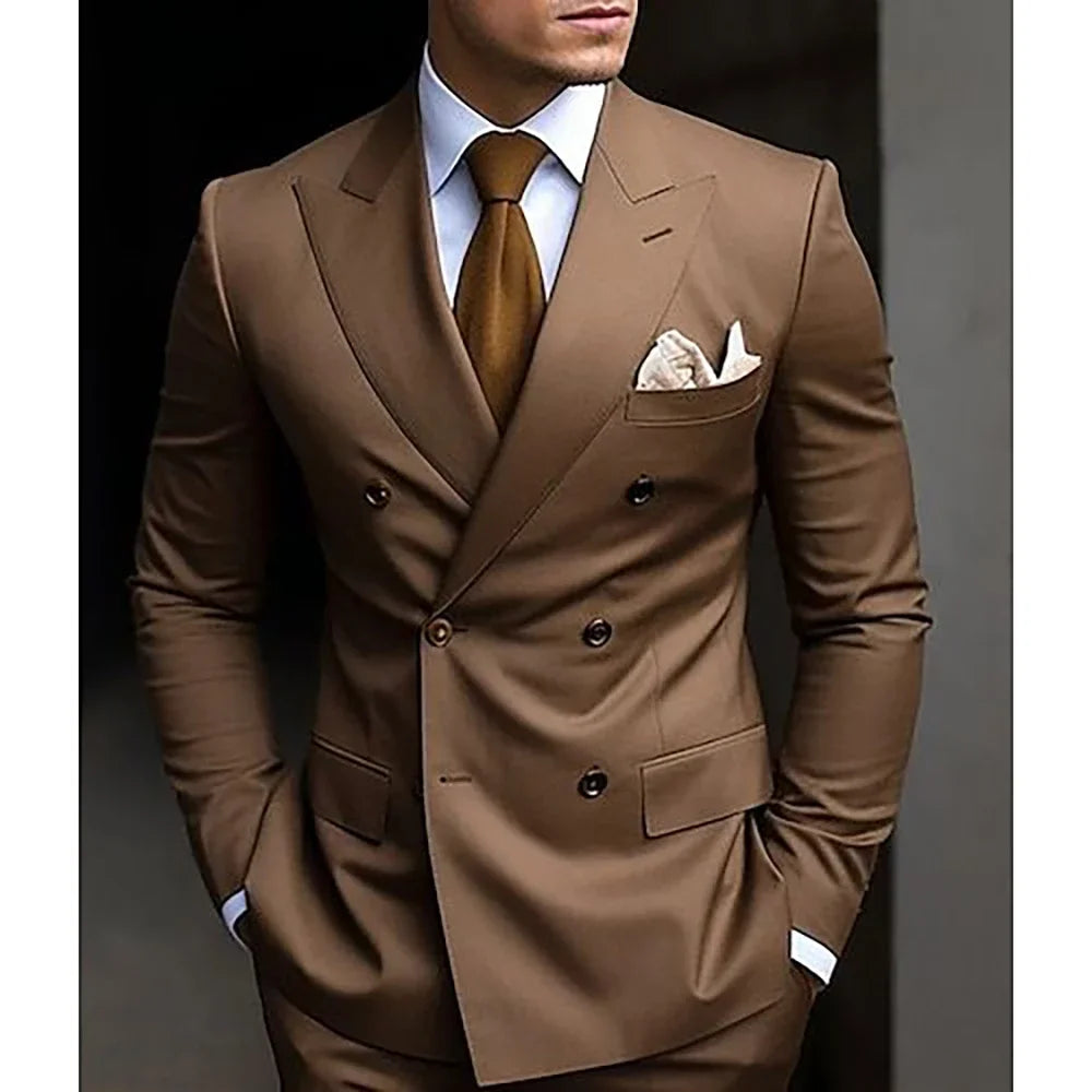High Quality Brown Men's Suits Double Breasted Erobaa