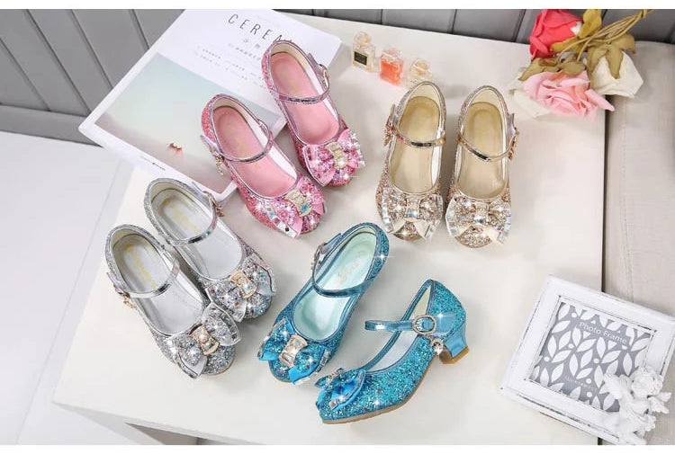 Children Princess Sandals Kids Girls Wedding Shoes High Heels Dress Shoes Bowtie Purple Pink Blue Silver Shoes For Girls